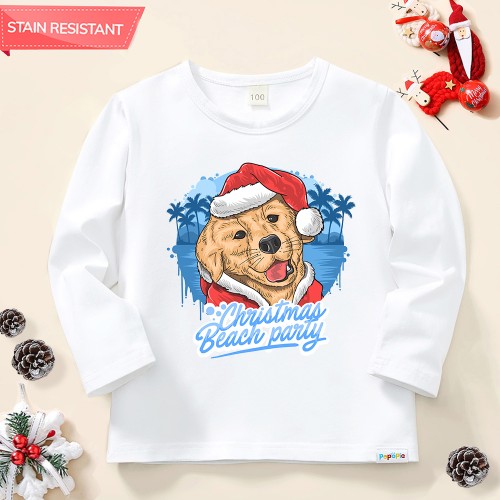 【12M-9Y】Unisex Kid Cotton Stain Resistant Christmas Golden Retriever Dog Print Long Sleeve Tee